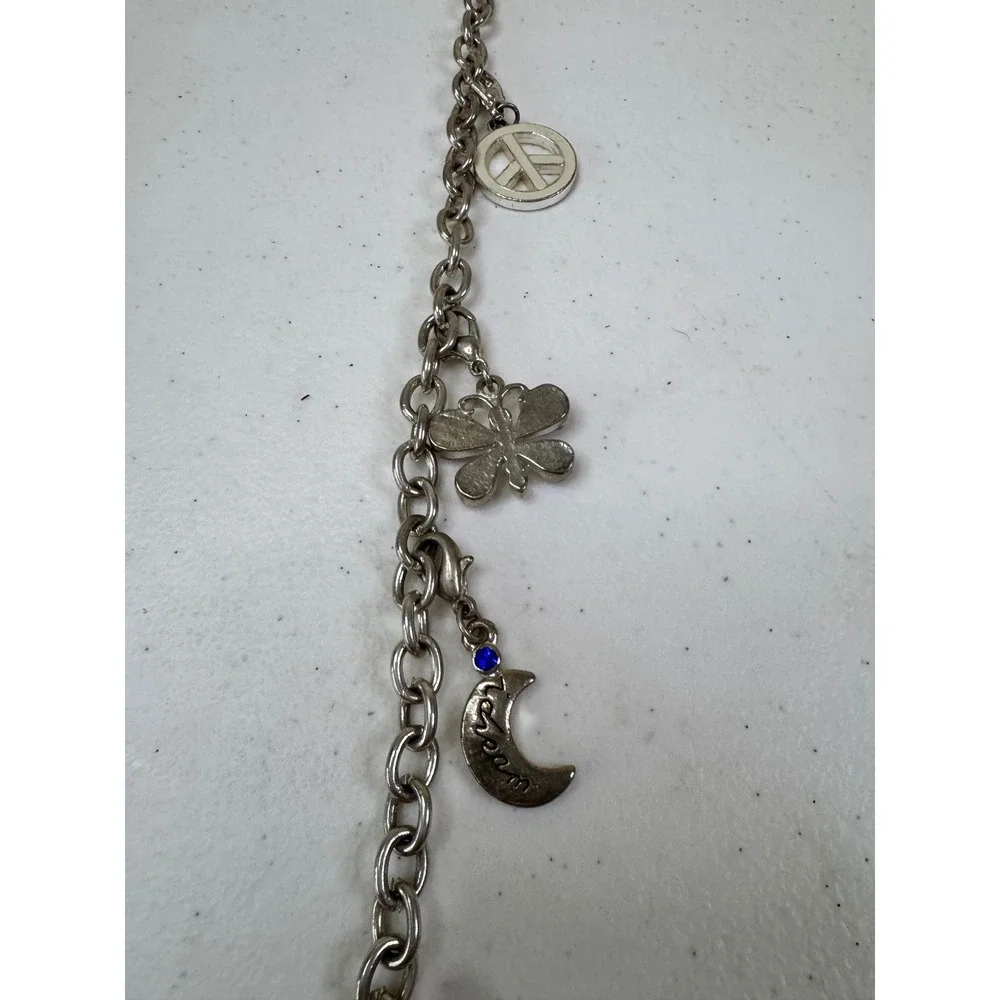 Claire's Silver Tone Charm Bracelet Moon Butterfly Peace Sign‎ Blue Bead Boho